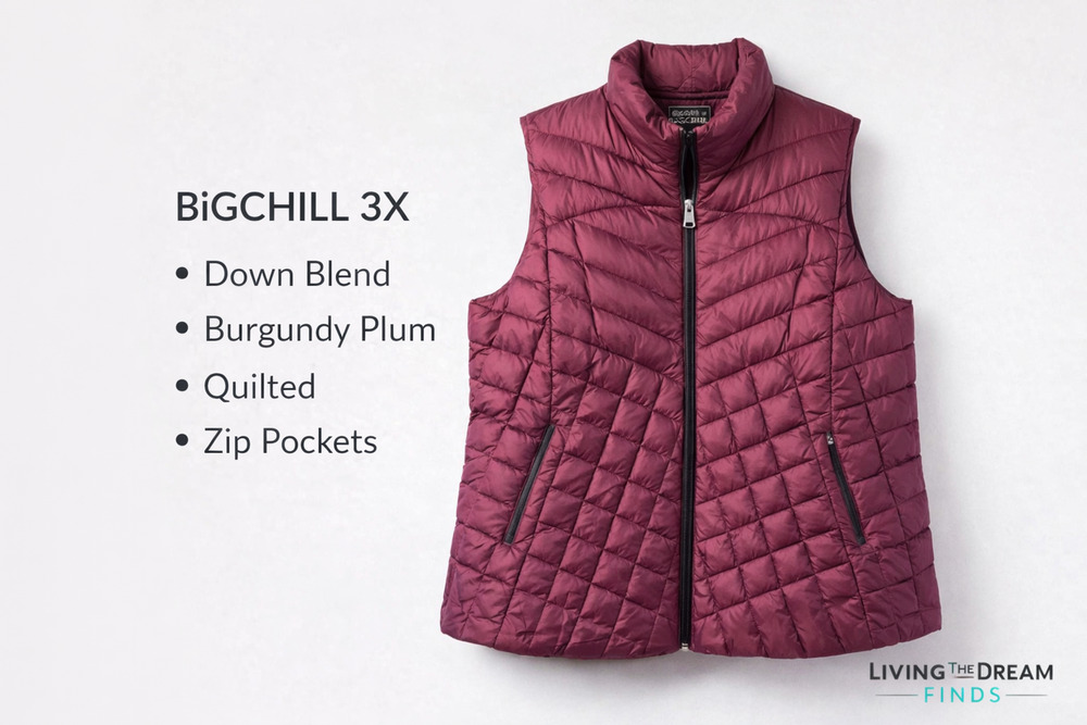 BiGCHiLL Women’s 3X Down Blend Puffer Vest Burgundy Plum Quilted Zip